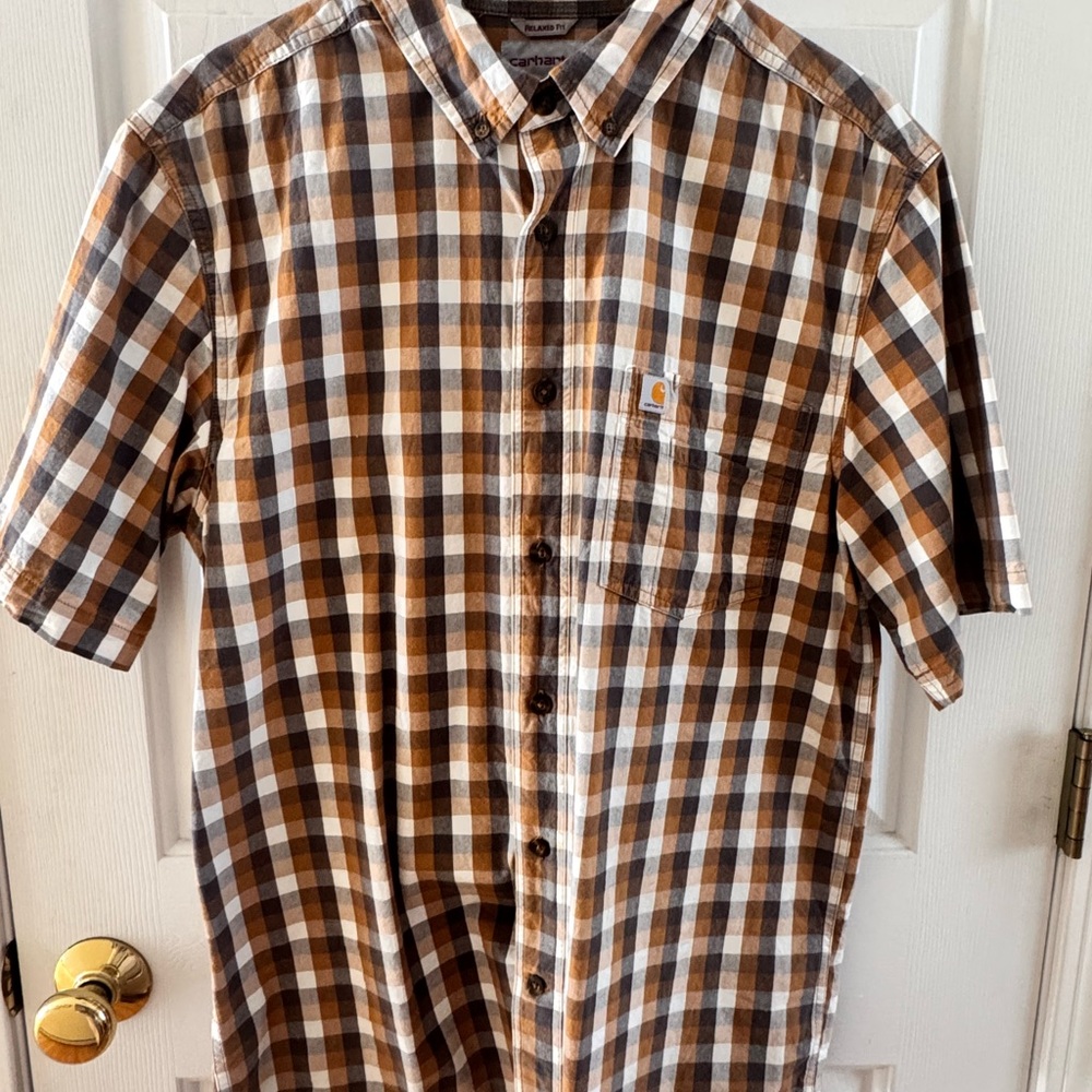 Carhartt Men’s Brown and White Plaid Short-Sleeve Button-Down Shirt